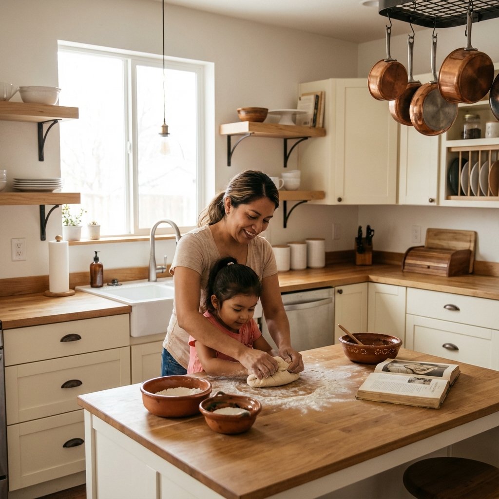 Madre enseñando a su hija a cocinar en una cocina cálida y elegante