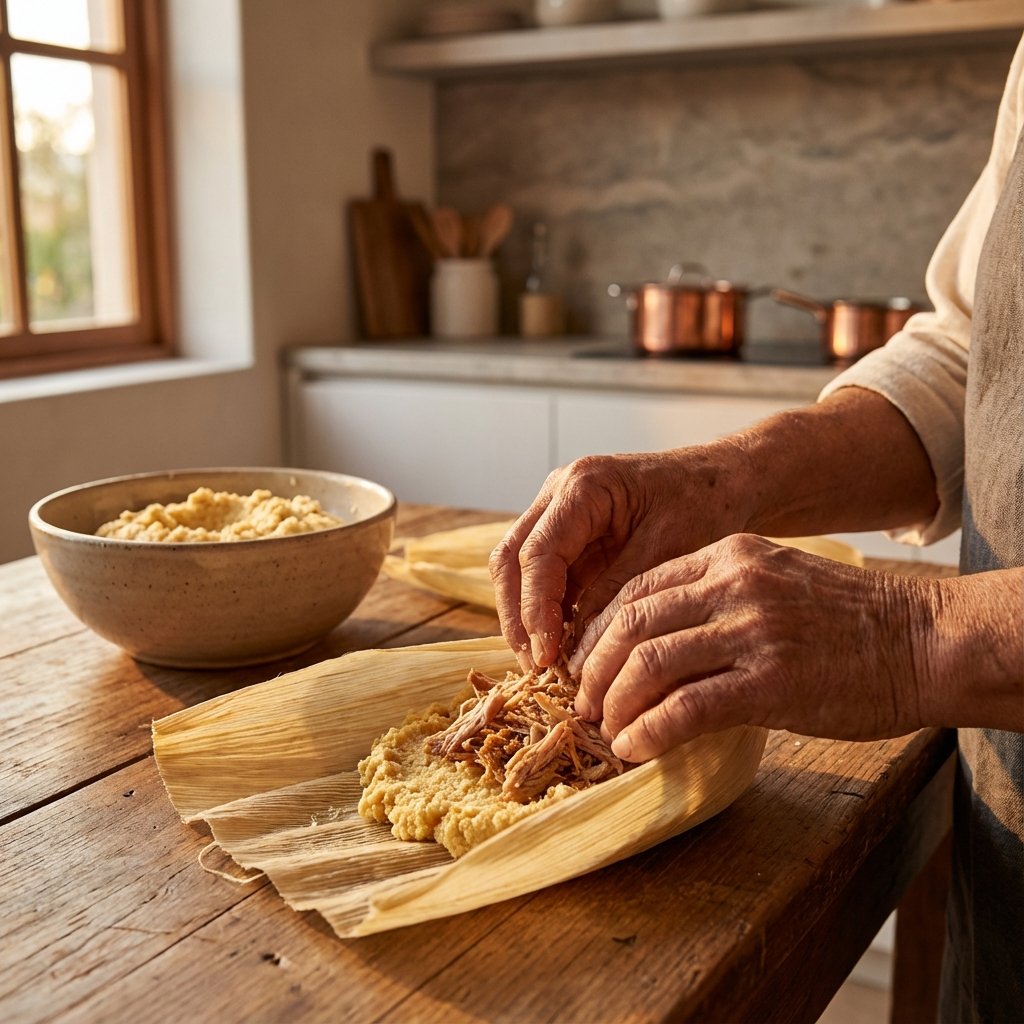 Manos artesanas preparando tamales gourmet